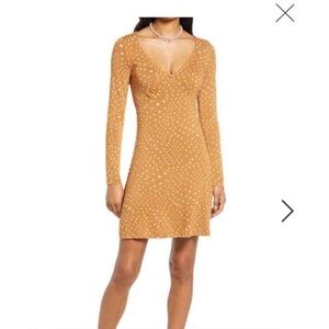BP Nordstrom brown & cream Dress Polka Dot Long sleeve V-neck Stretch SMALL tan